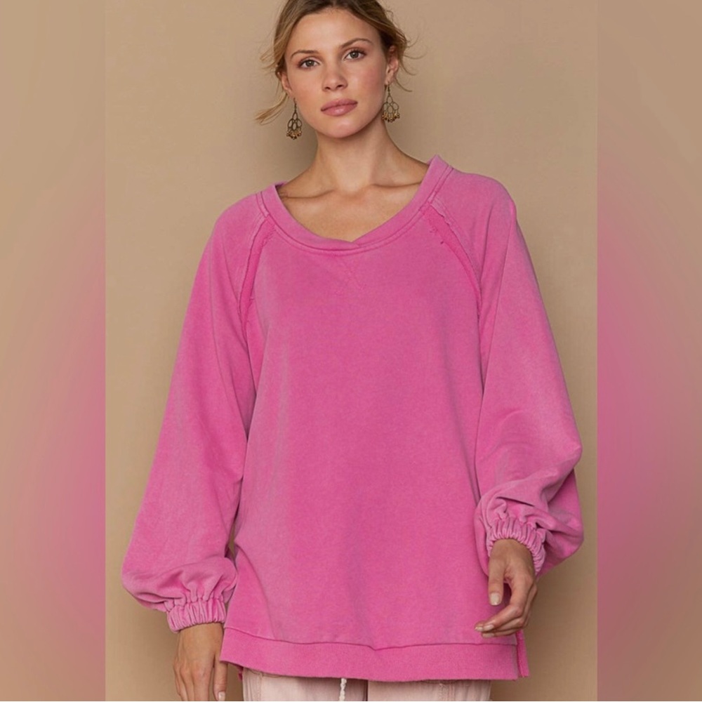 POL Hot Pink Crisscross Back Sweatshirt | Open Back | Slouchy Oversized Fit - Picture 2 of 6